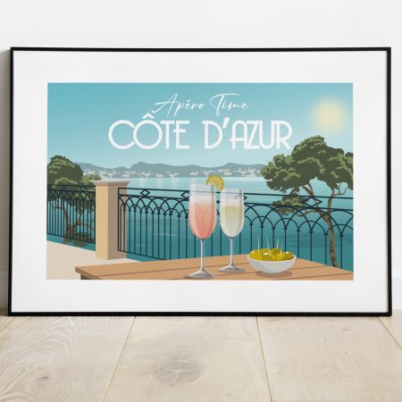 Affiche illustrée d'un apéritif en terrasse avec vue sur la mer Méditerranée, sur la côté d'azur dans le Var. Ambiance apéro time, ensoleillée avec verres à cocktails et olives